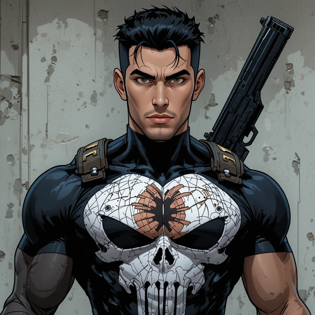 Vigilante masculino animado com peito marcado e cabelo escuro
