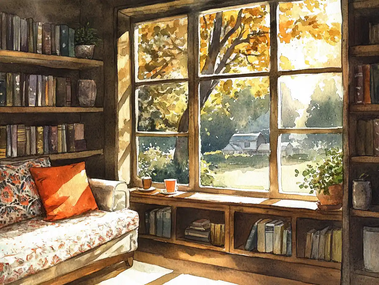 Sunlit reading nook with sofa by large window