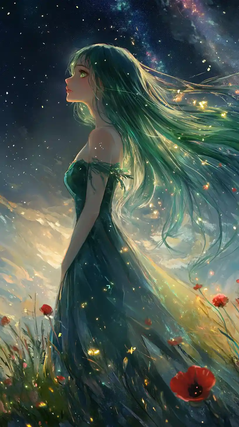 Ethereal green haired woman in a cosmic enchanted meadow