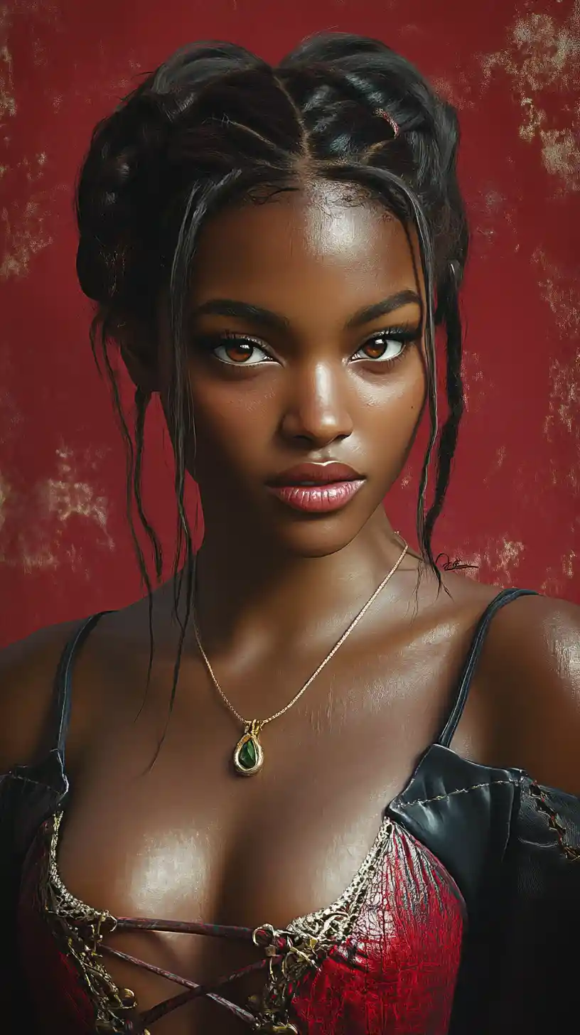Dark skinned woman in red leather with gothic aura