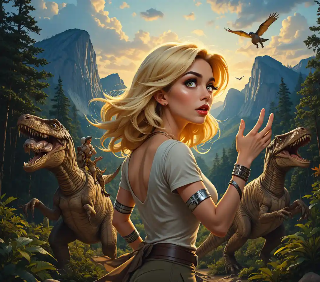 Donna sorpresa di fronte ai dinosauri in una foresta drammatica