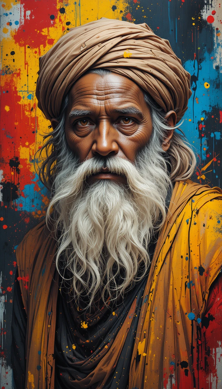 Idoso com barba branca e turbante em cores abstratas