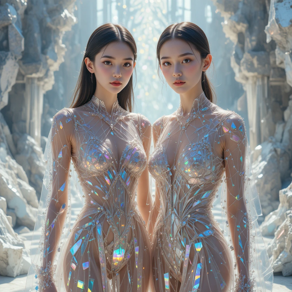 劇的な屈折光に照らされたクリスタルドレスの二人の女性
