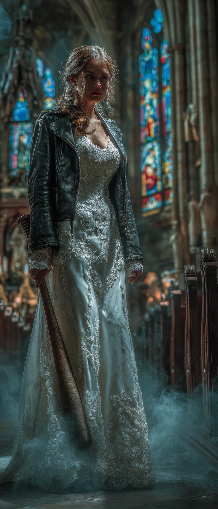 Sposa con mazza da baseball nell’interno di una chiesa gotica