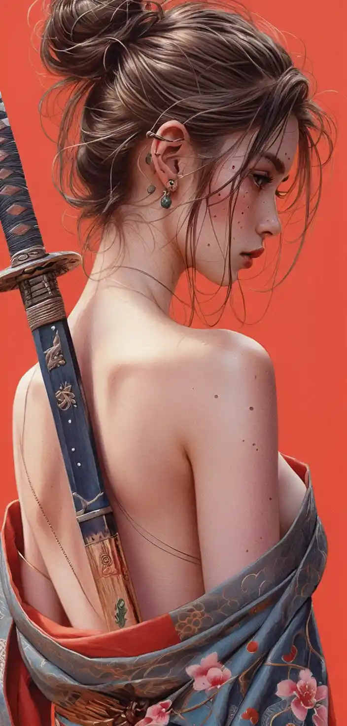 Tätowierte Frau im Kimono mit Katana vor rotem Hintergrund