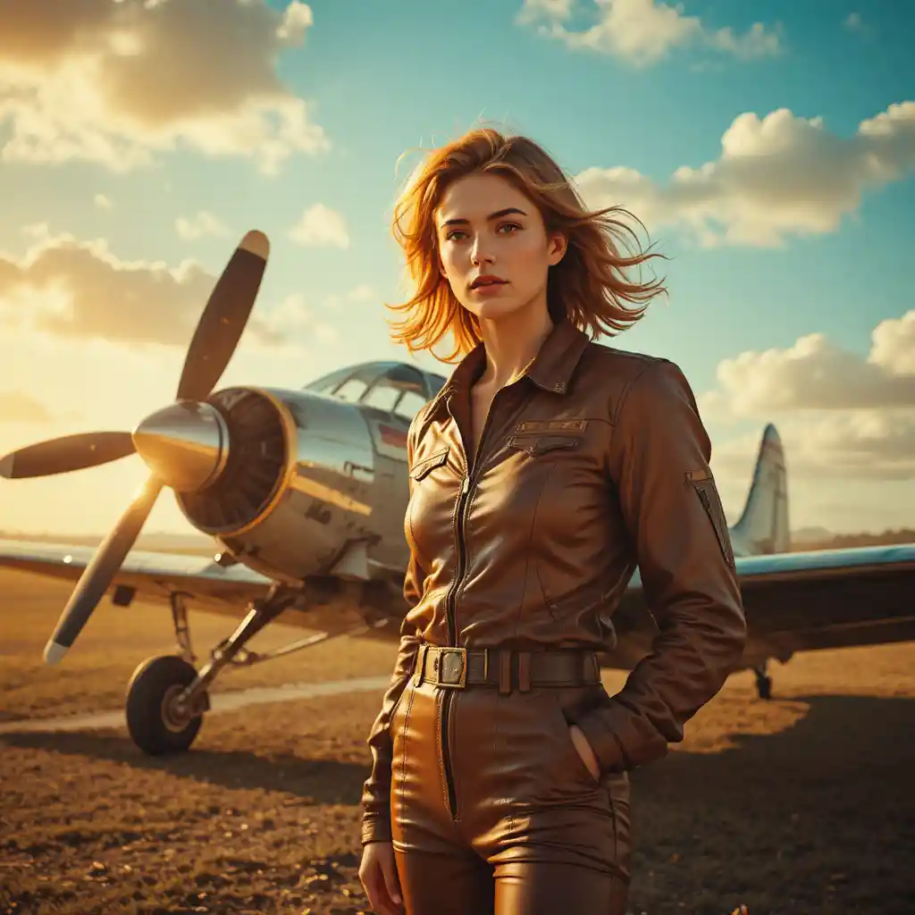 Woman pilot in leather suit beside retro airplane at sunset