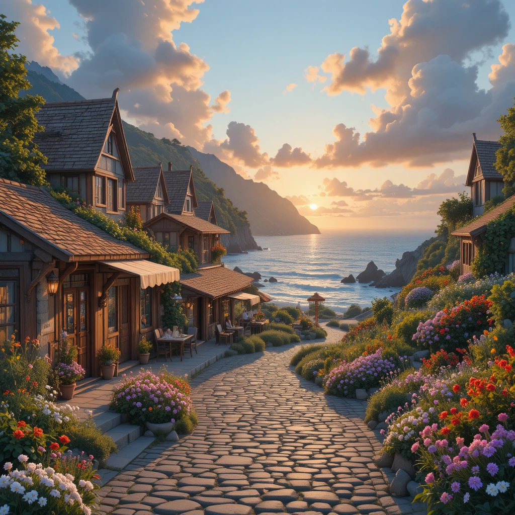 Rue paisible d’une ville côtière au chaud coucher de soleil