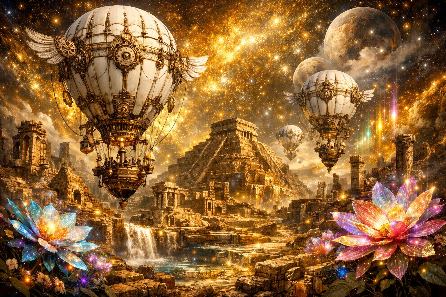 Dirigíveis steampunk surreais sobre ruínas antigas de fantasia