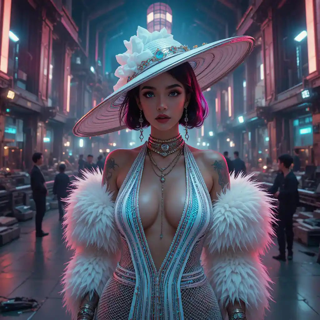 Cyberpunk femme fatale in white gown in space observatory