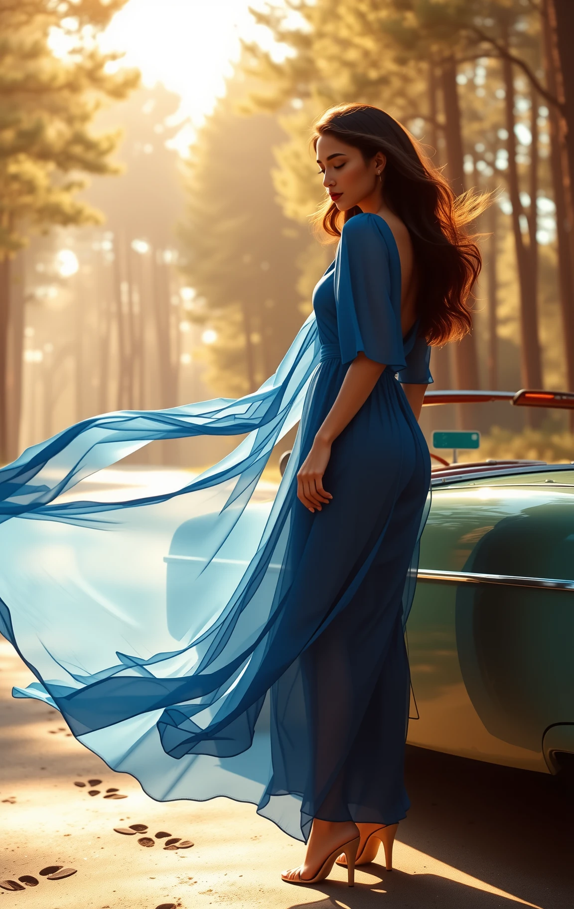 Elegant woman by vintage car on a sunlit forest road