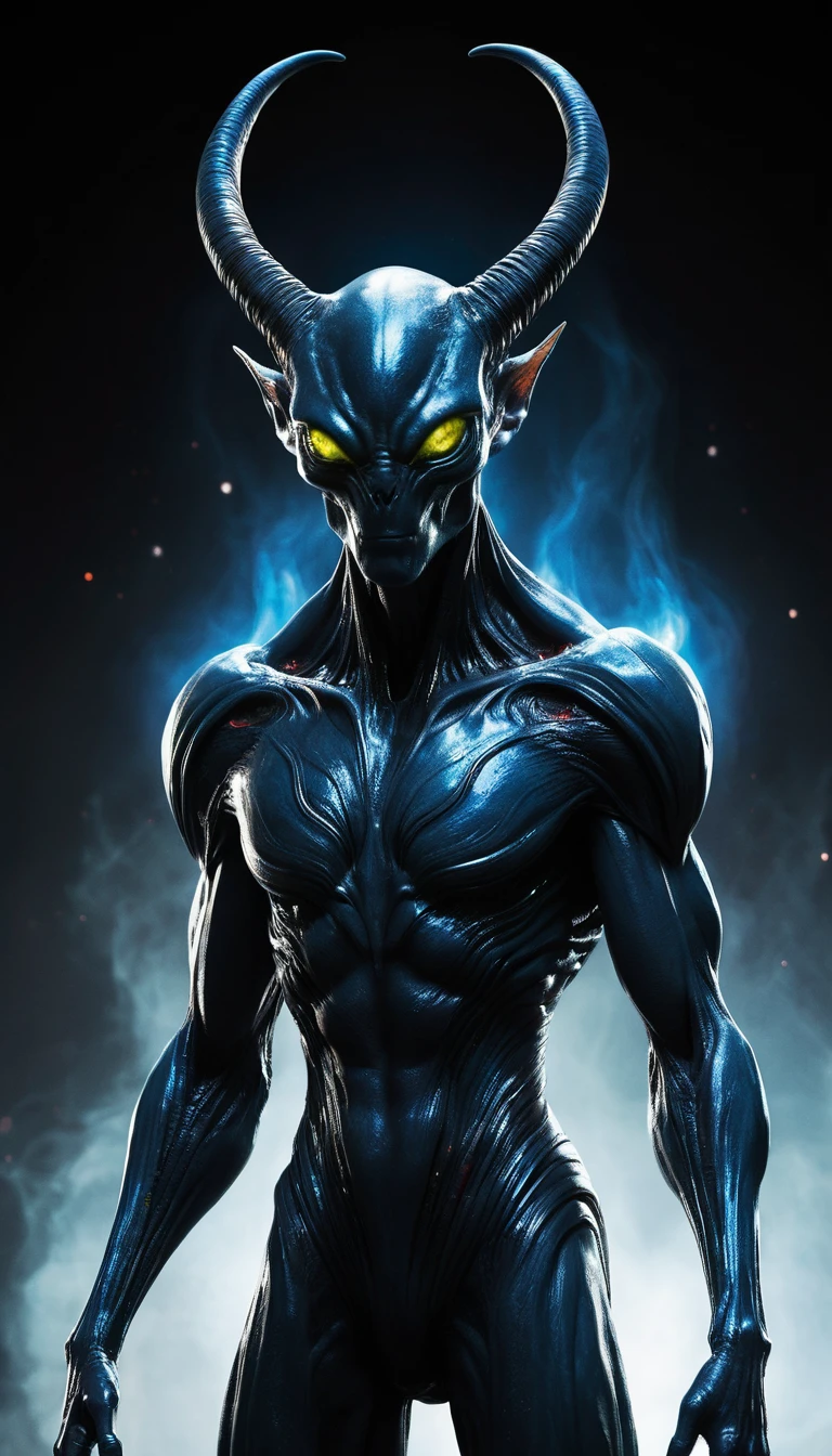 Alien majestoso com chifres em um vazio escuro e olhos brilhantes