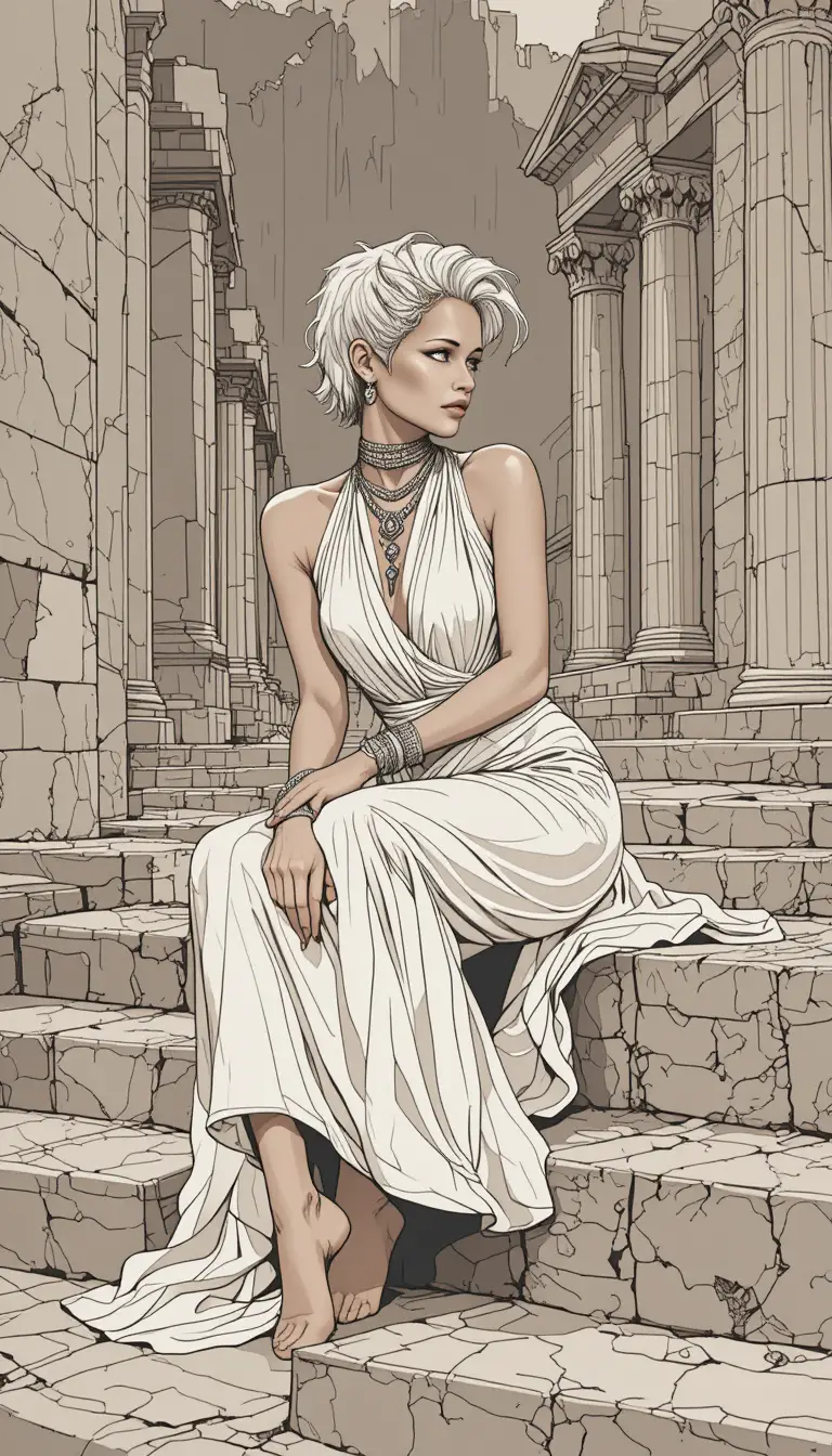 Elegant woman in draped dress seated on weathered stone steps