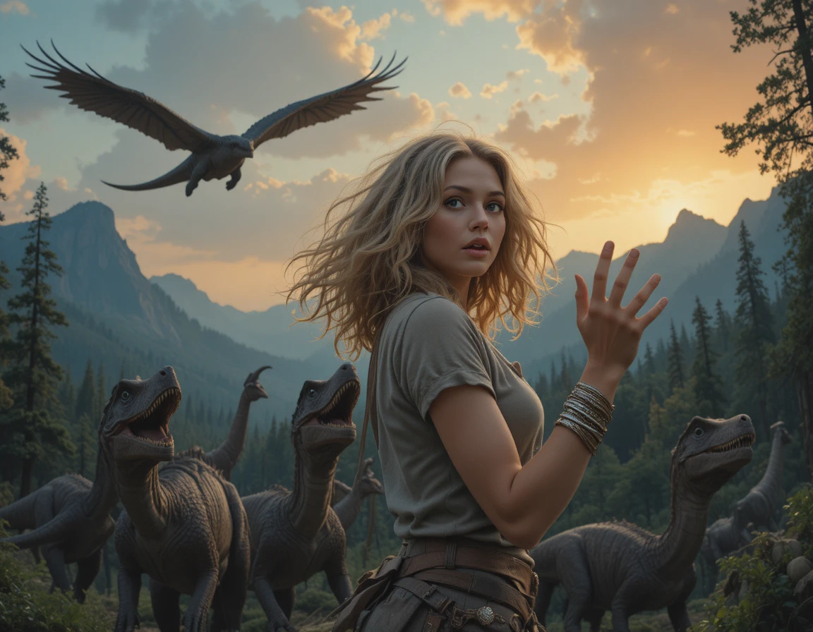 Surprised woman faces dinosaurs in a dramatic fantasy forest