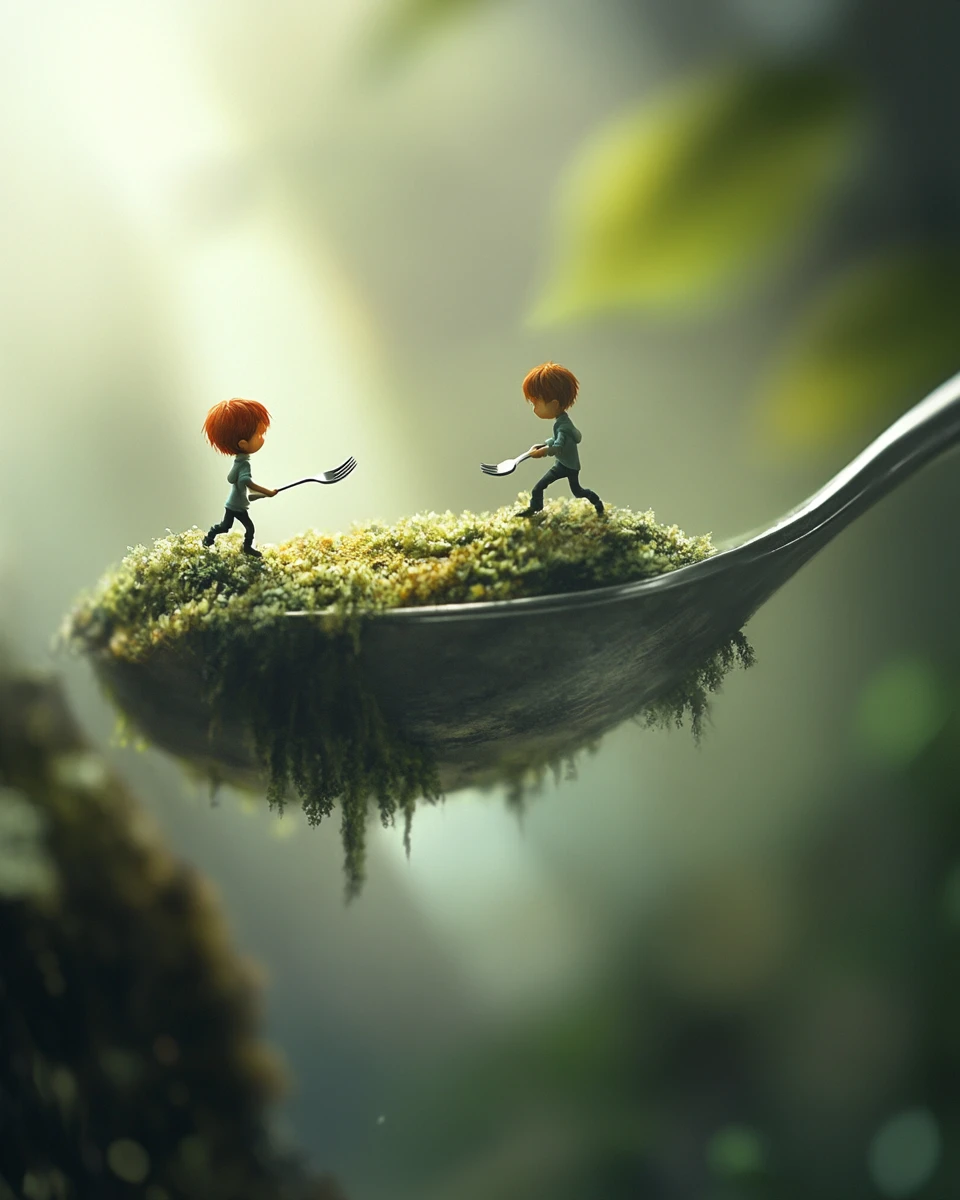 Tiny children playing on giant silverware in an anime world
