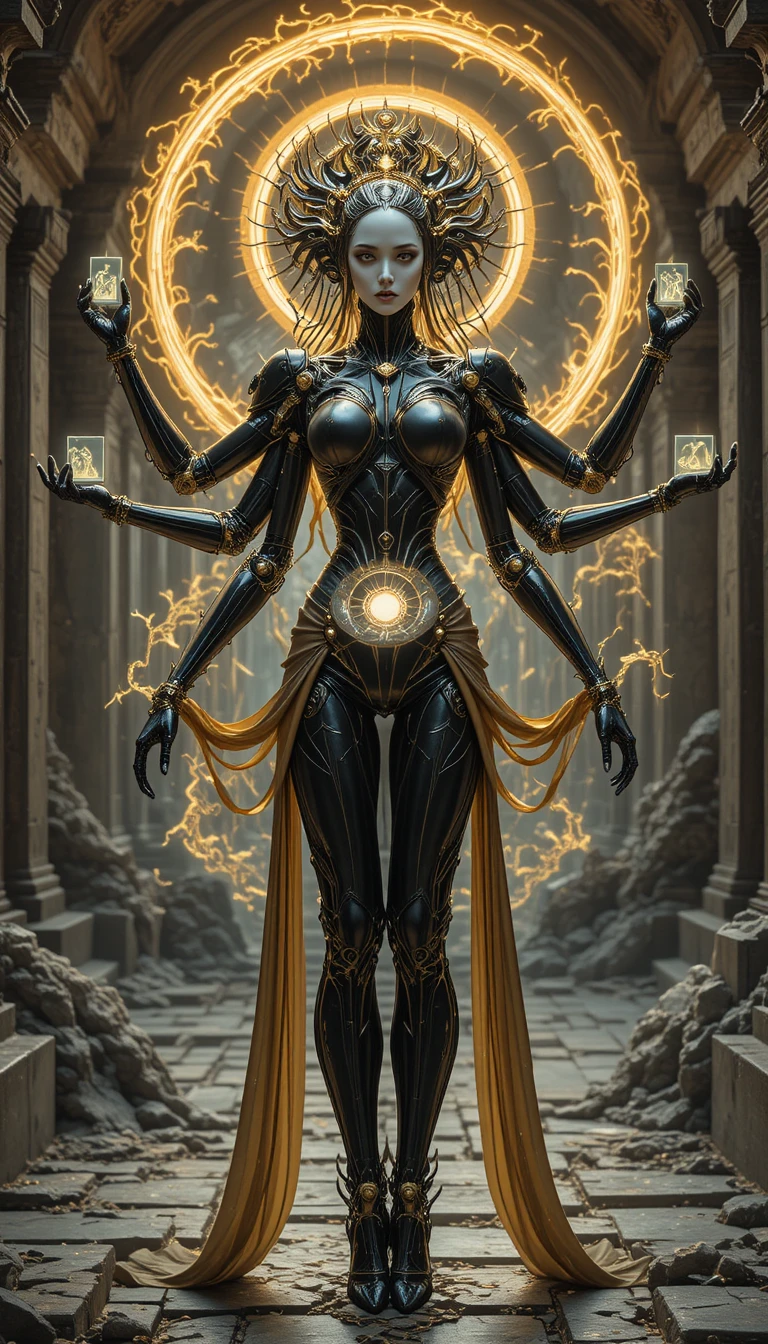 Diosa androide cyberpunk de seis brazos en templo antiguo