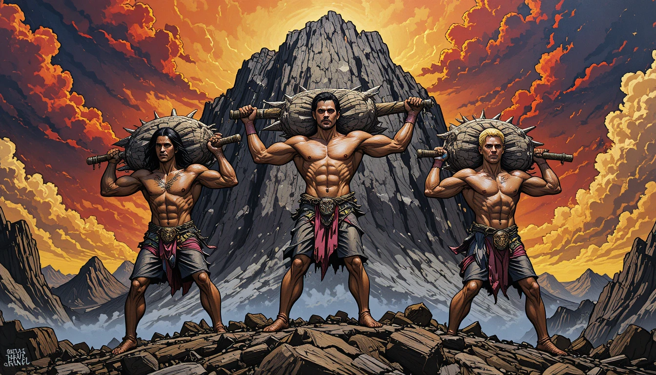 Três homens musculosos carregando uma montanha irregular