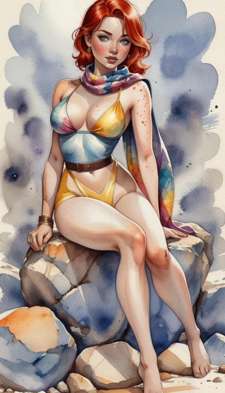 Mulher pin up de fantasia sentada em rochas com capa arco-íris