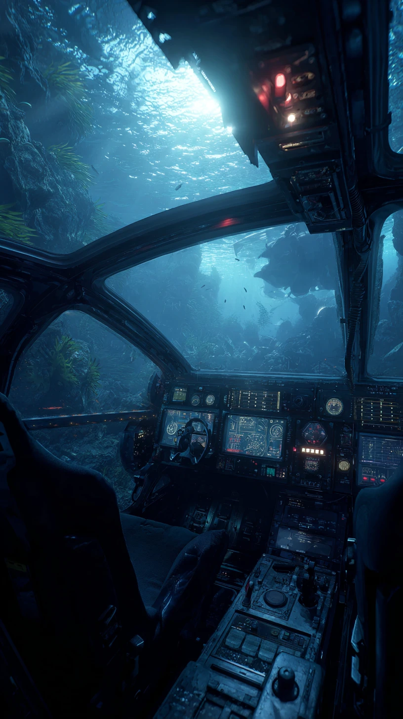 Surreal Deep Ocean View From A Futuristic Submarine