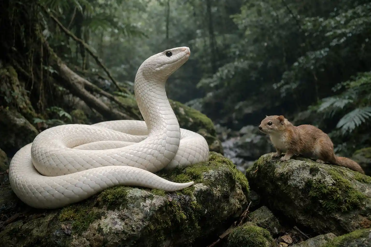 Antiga cobra branca descansando em rocha coberta de musgo na floresta densa