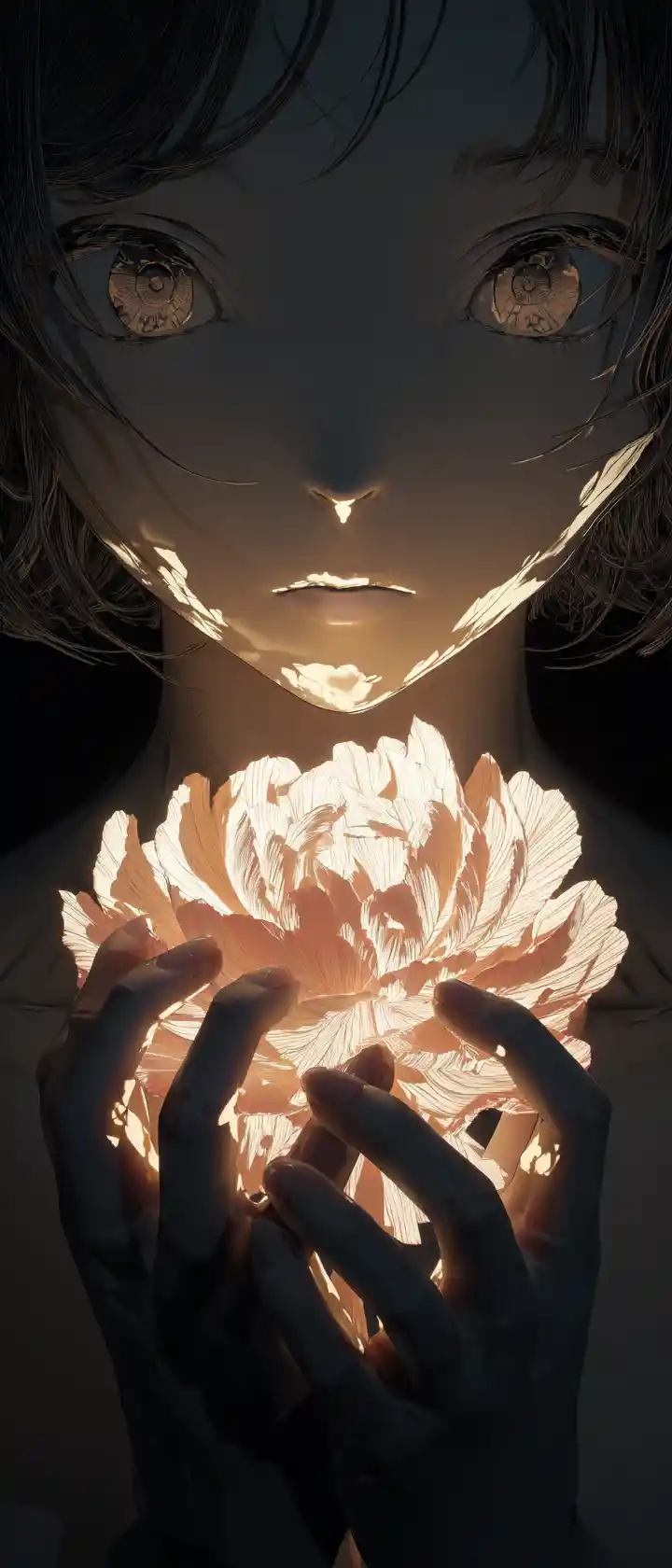 Anime girl holding glowing flower in dark desert dawn