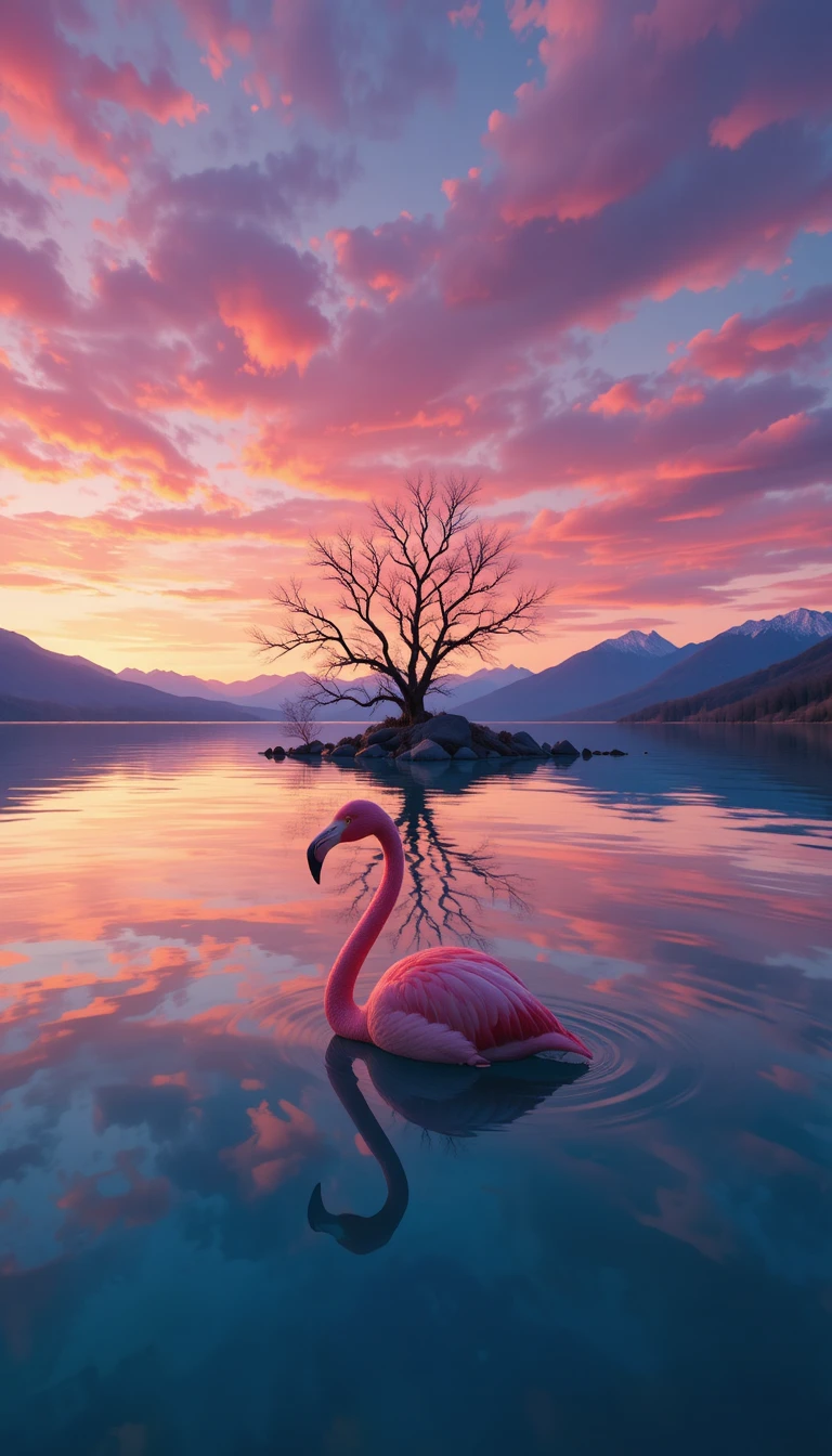 Flamingo rosa refletido em um lago tranquilo ao pôr do sol