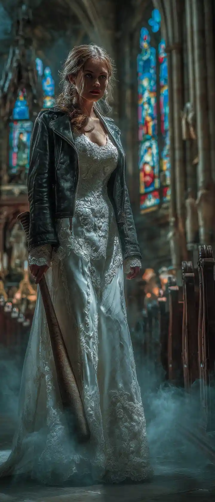 Bride with baseball bat in gothic church interior