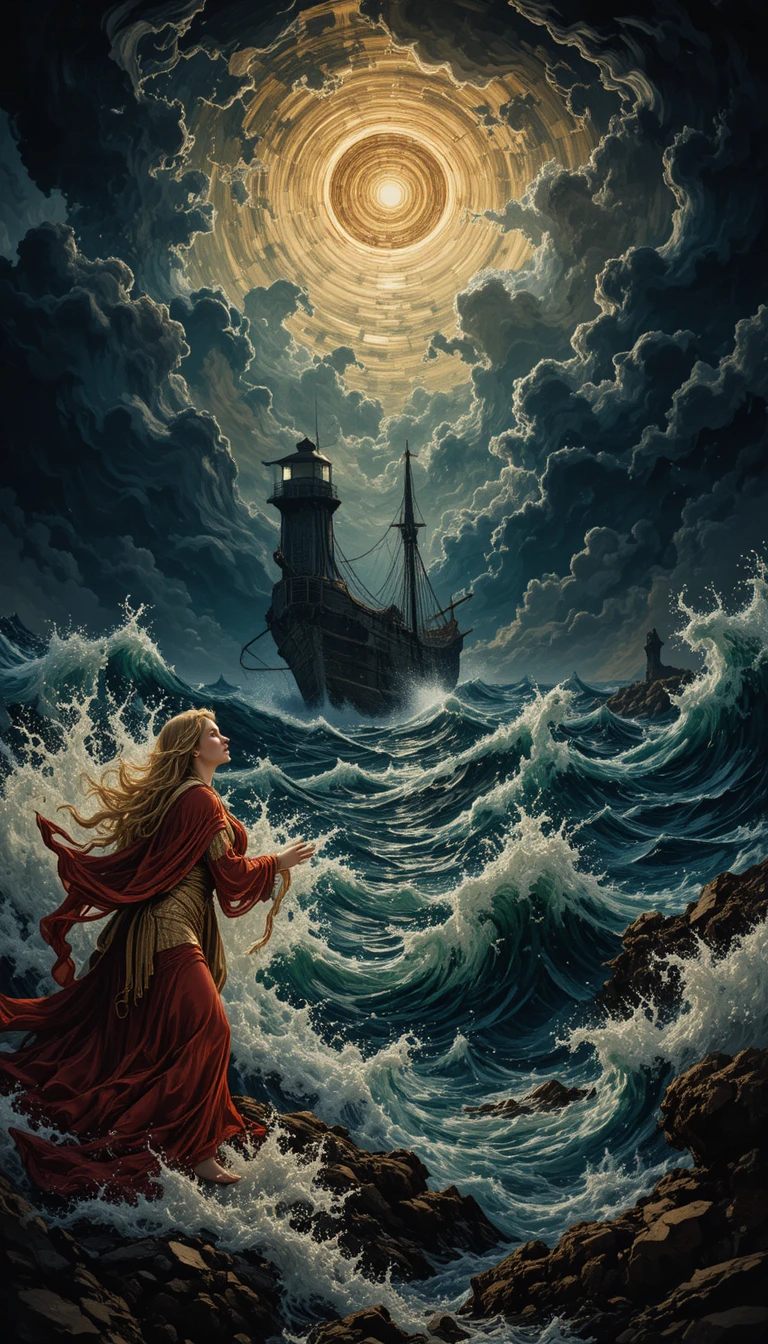 Navio dramático em mar tempestuoso com luz distante de farol