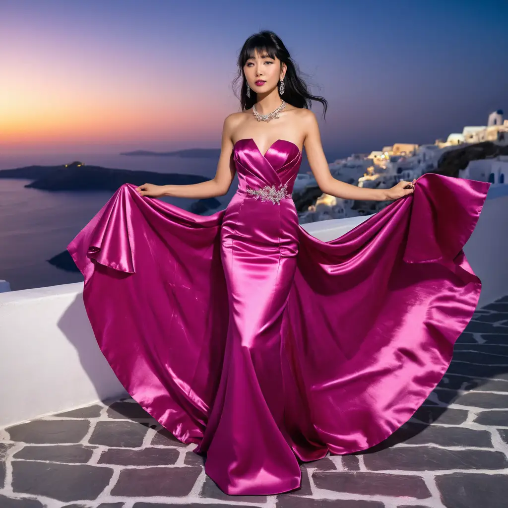 Garota elegante com vestido longo de cetim fúcsia à noite em Santorini