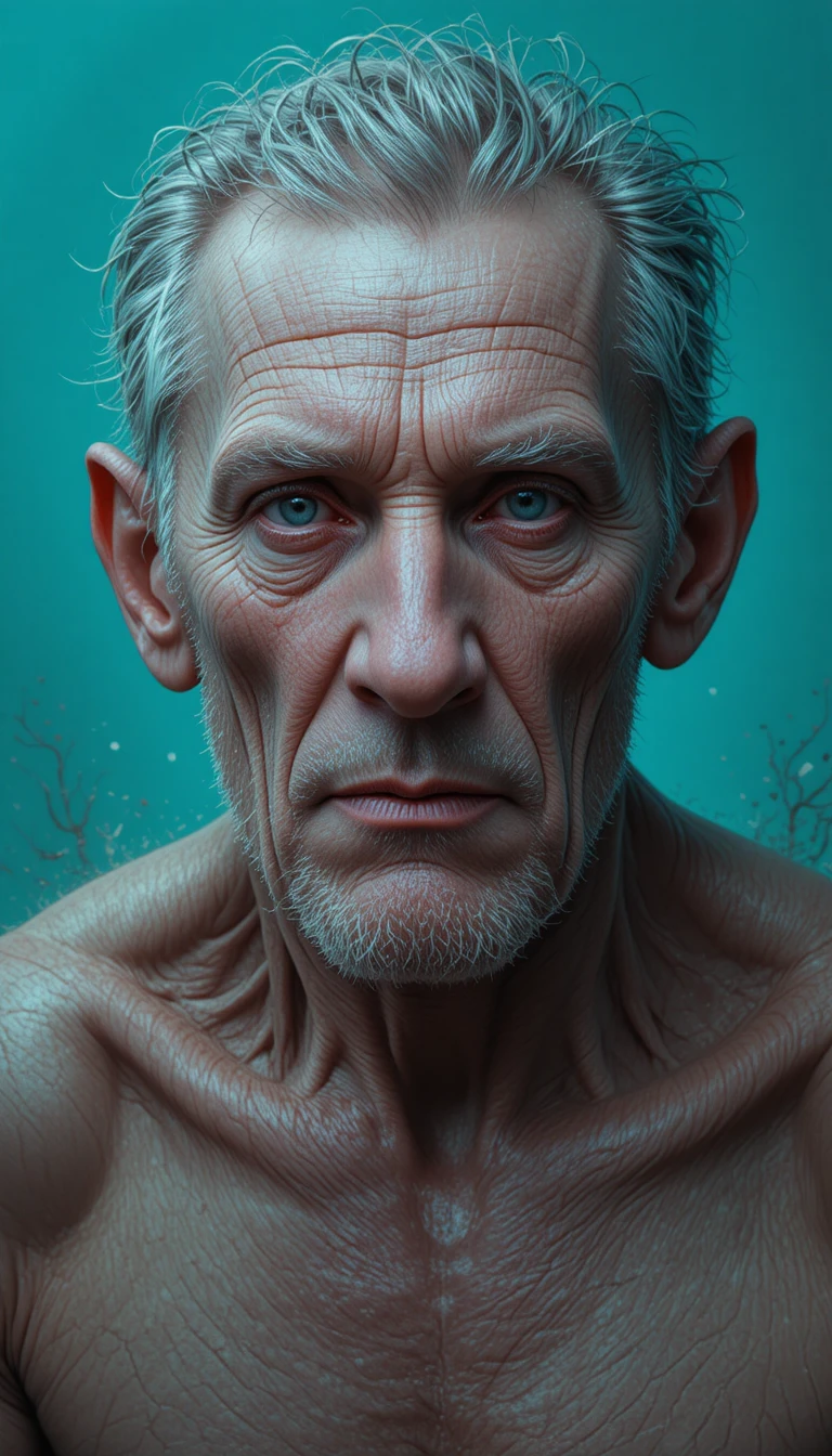 Retrato de um idoso de olhos azuis em gradiente teal