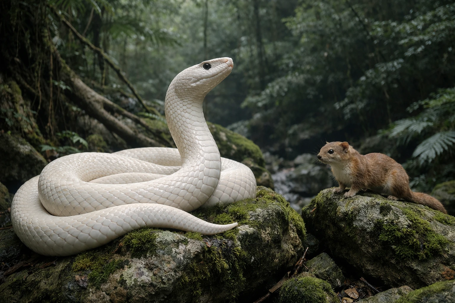 Antiga cobra branca descansando em rocha coberta de musgo na floresta densa