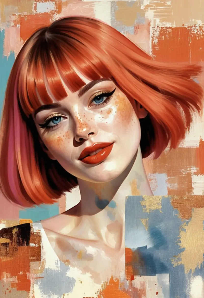 Retrato pop art de uma garota com cabelo chanel vermelho vibrante