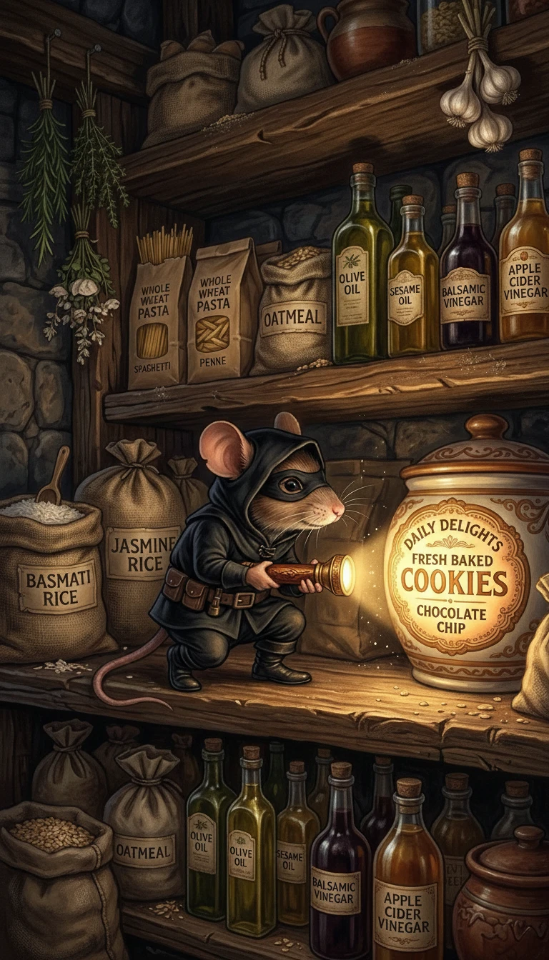 Rato ladrão de fantasia na despensa iluminando biscoitos