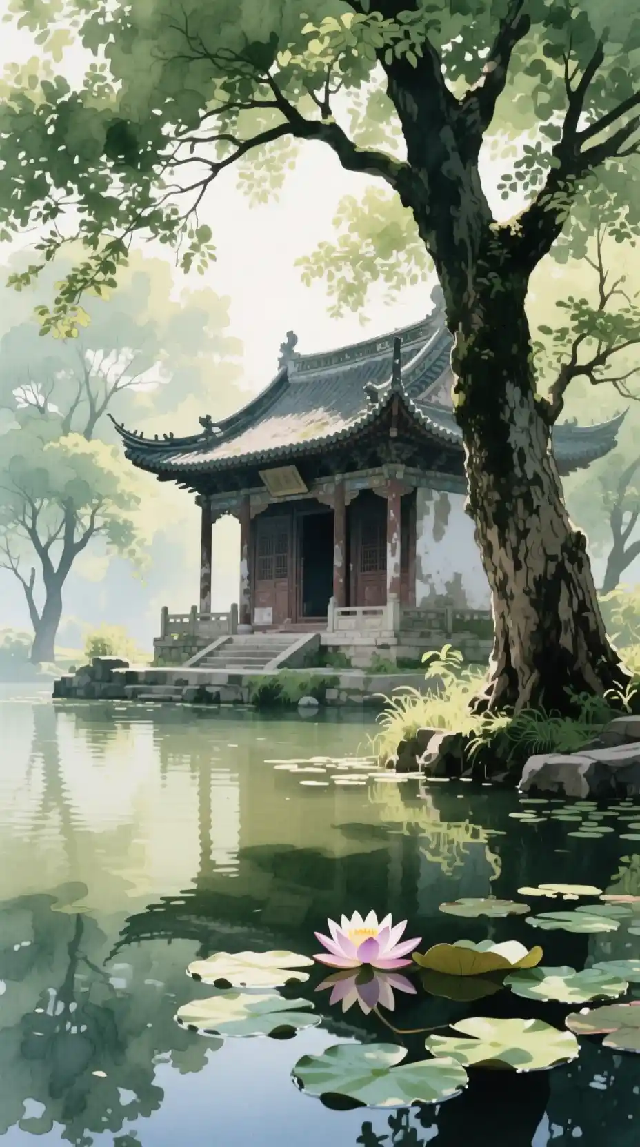 Sunlit ancestral temple beneath trees by shimmering water