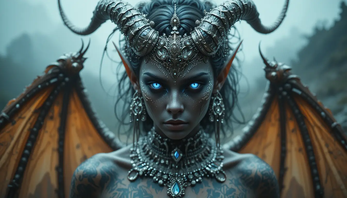 Cinematic portrait of a silver female demon sculpture