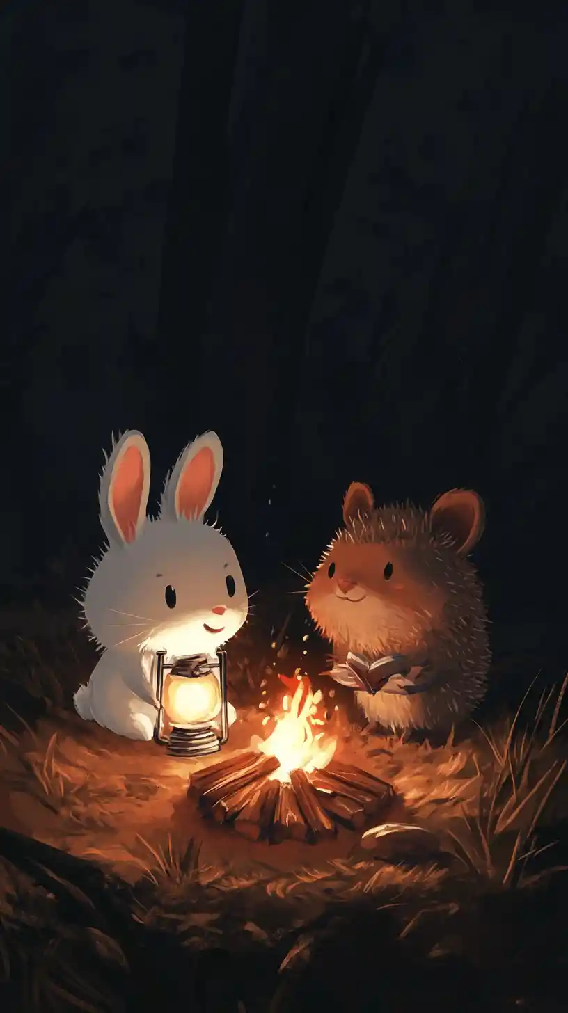 Cartoon Rabbit And Hedgehog By Campfire In Dark Night
