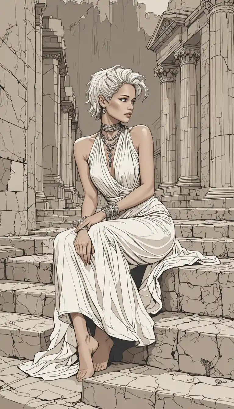Elegant woman in draped dress seated on weathered stone steps