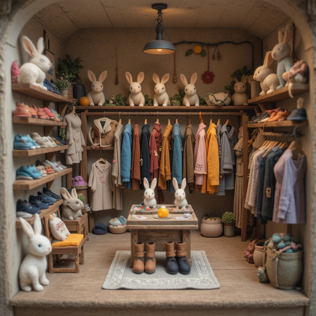 Boutique miniatura de coelhos de feltro cheia de roupinhas