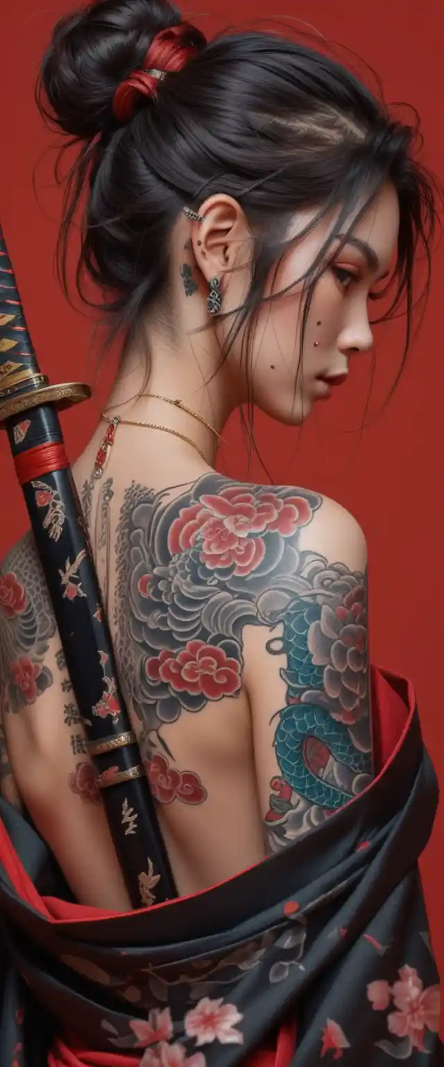 Tattooed woman in kimono holding katana on red background