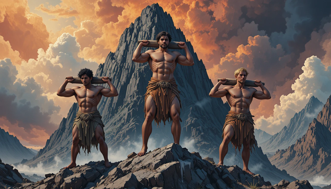 Três homens musculosos carregando juntos uma montanha recortada