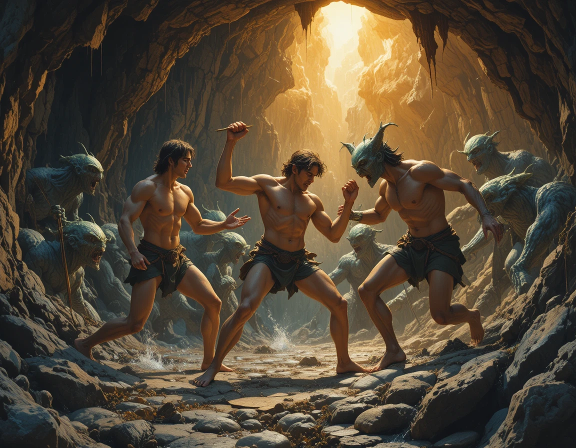 Bare chested warriors battling green beasts in a cave
