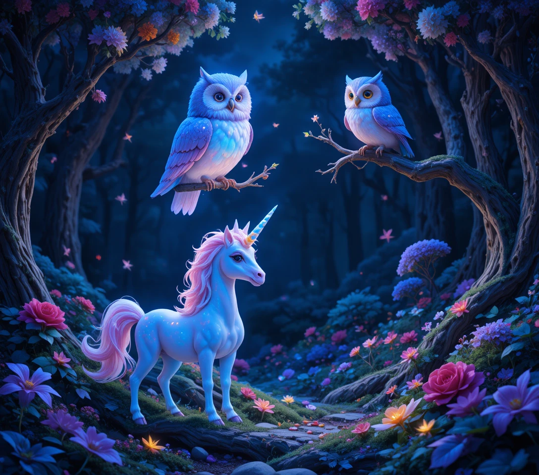 Unicorno iridescente in una colorata foresta fantasy notturna