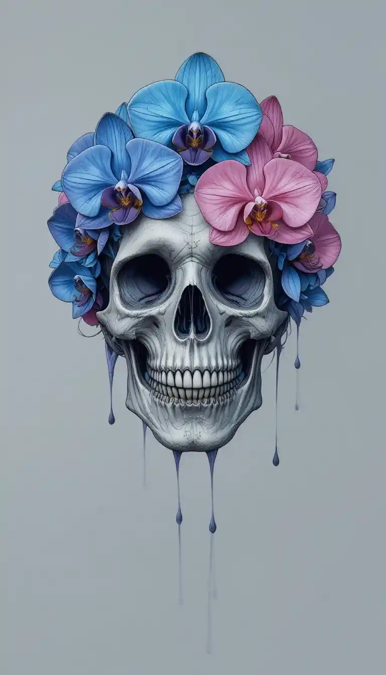 Skull With Blue And Pink Orchids On Grey Background