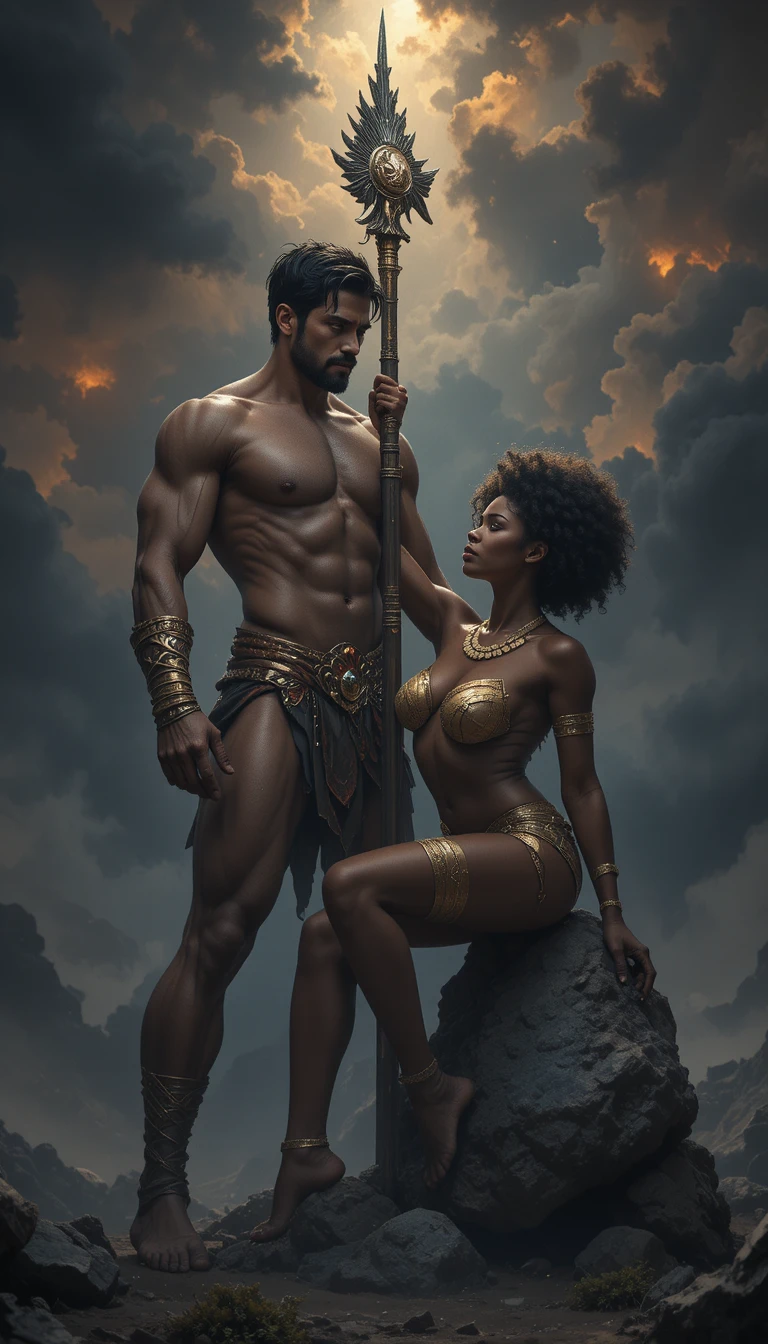Mythic couple kneeling under dramatic red clouded sky