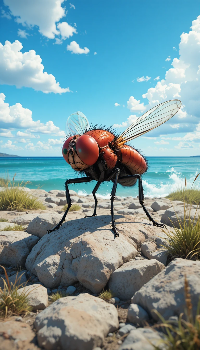 Mosca roja en primer plano en una costa rocosa con el mar