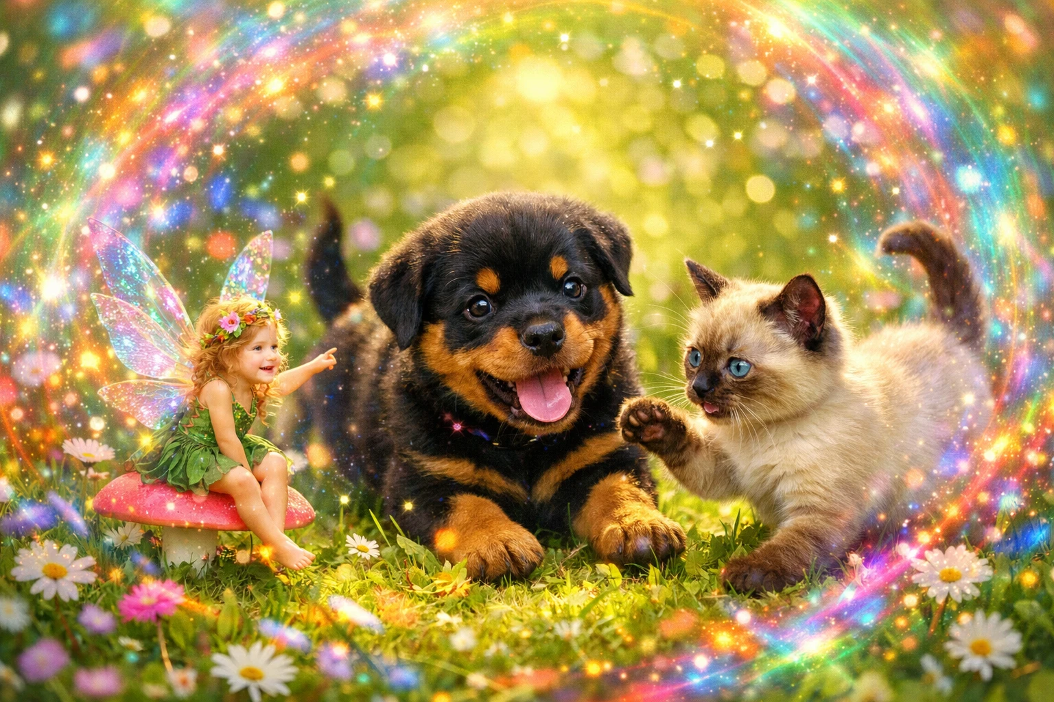 Fée Jouant avec un Chiot et un Chaton dans une Prairie Ensoleillée