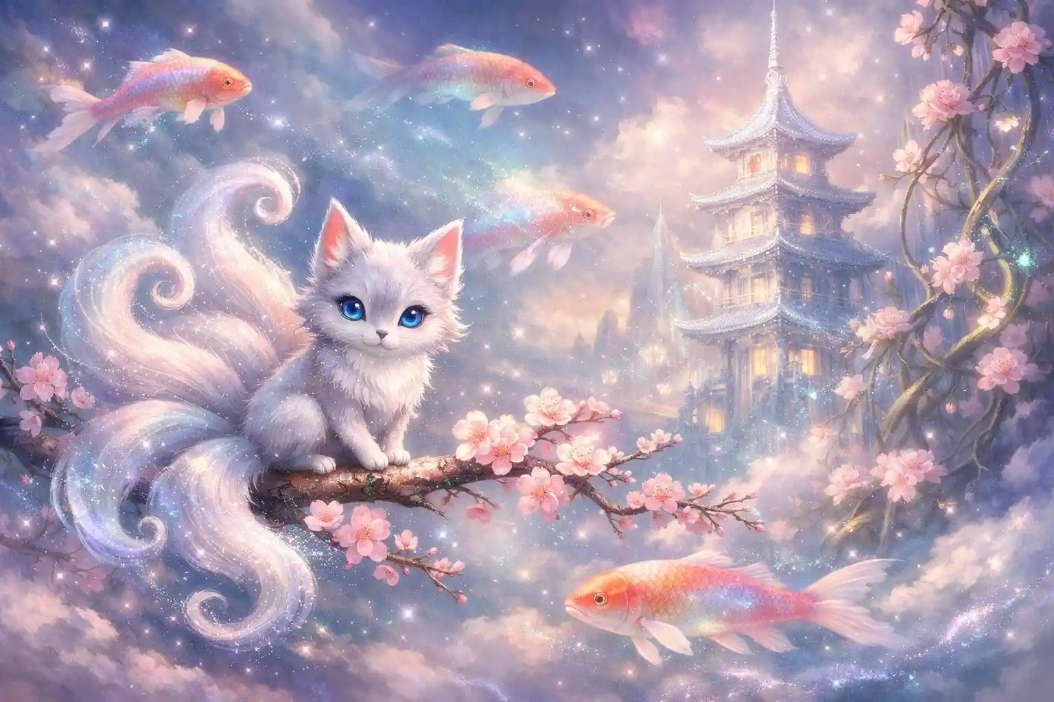 Tiny fox spirit on a glowing cherry blossom branch