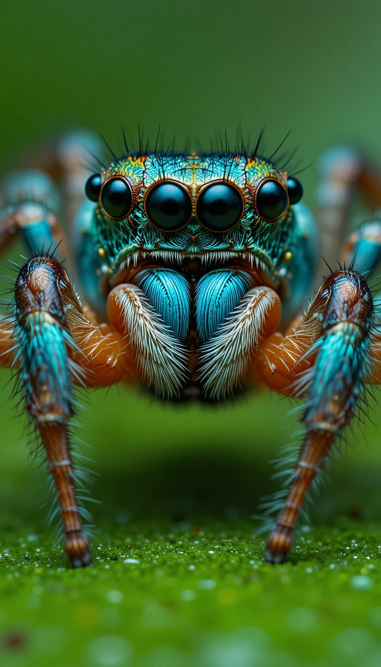 Aranha-saltadora turquesa vibrante em macro close-up