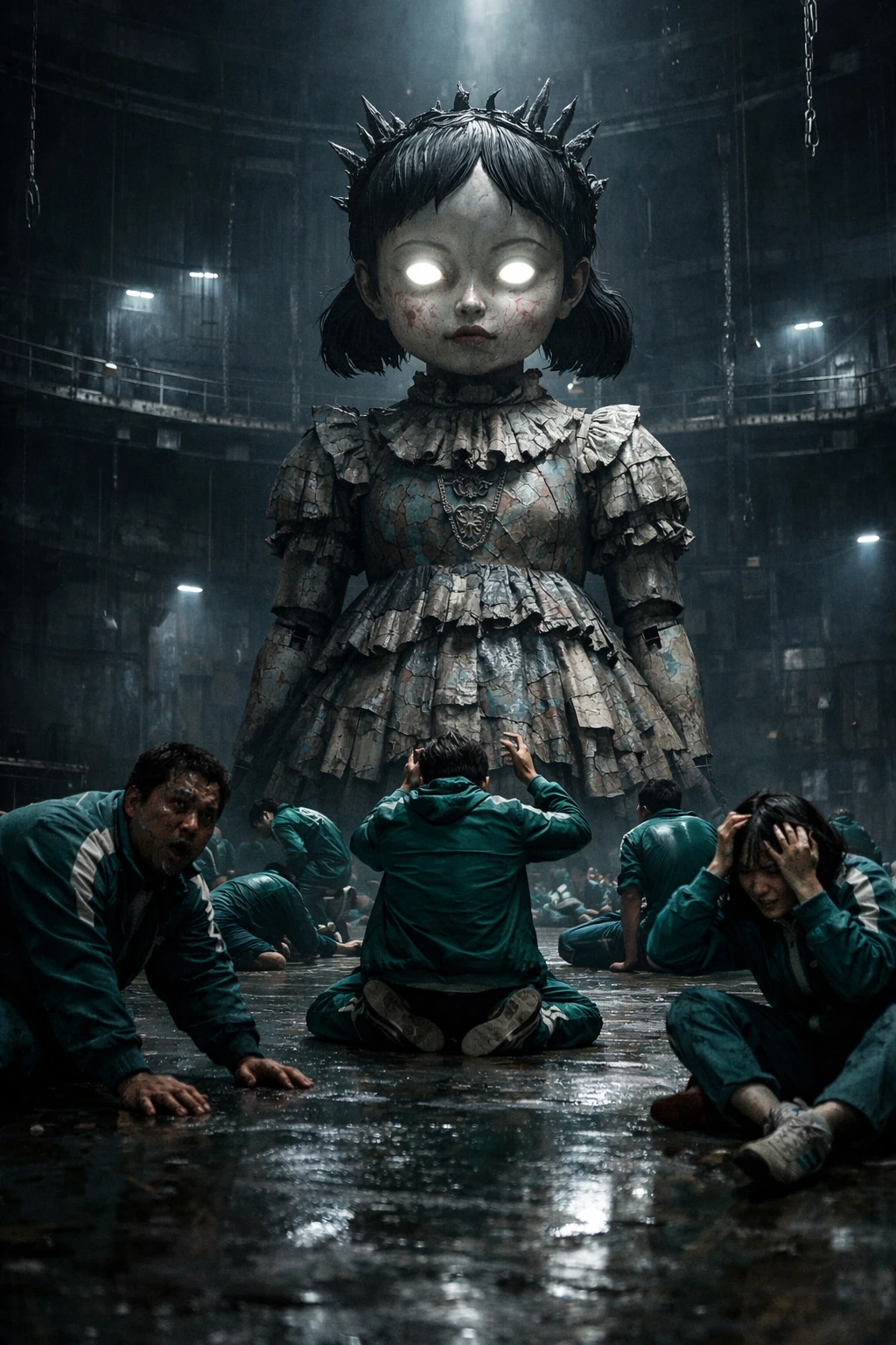 Terrified players freeze before giant doll in metal arena