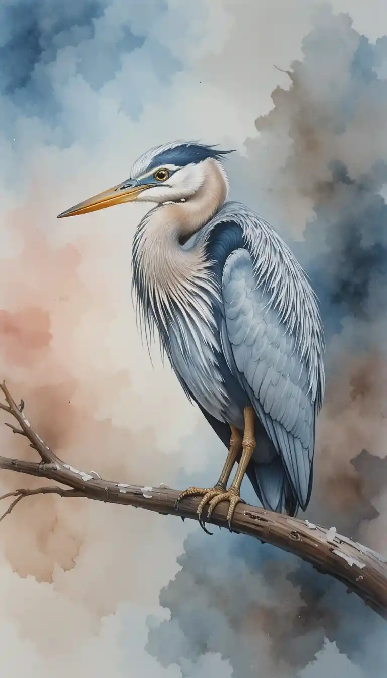 Garça em aquarela descansando calmamente em um galho