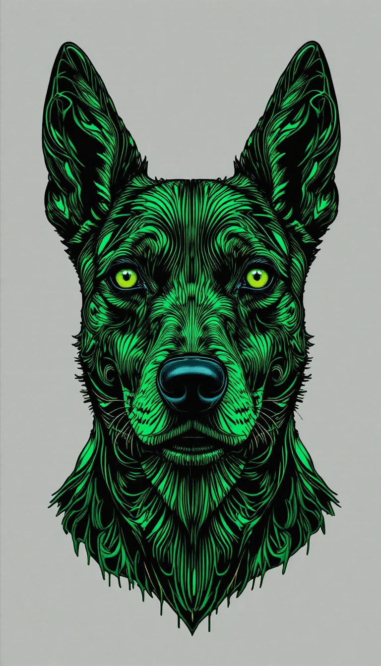 Rosto de cachorro abstrato hipnótico em verde vibrante na arte digital